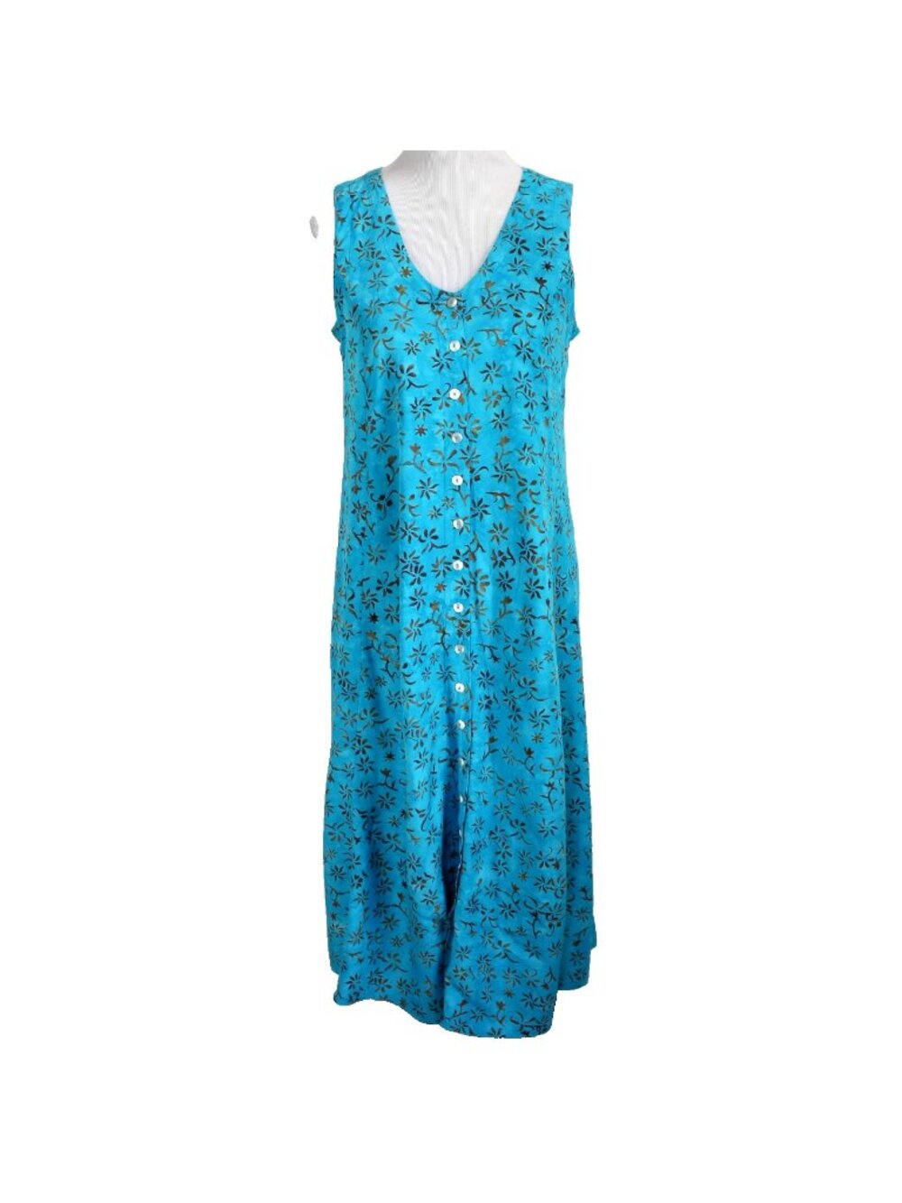 Very Vineyard Sleeveless Dress Womens Size M Blue Brown Batik Button Front Rayon